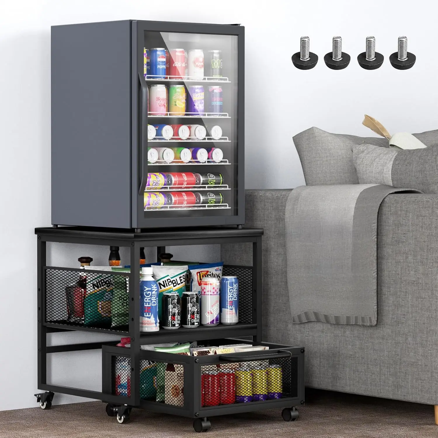 

21x21in Mini Fridge Stand with Storage, Heavy Duty Mini Fridge Table with 4 Lockable Wheels for Coffee Bar 220LBS Compact Bevera