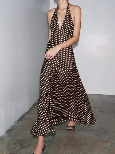 Vestido de estilo europeo y americano para mujer, novedad de verano, temperamento, sin mangas, ajustado, con espalda descubierta y lunares, cuello halter