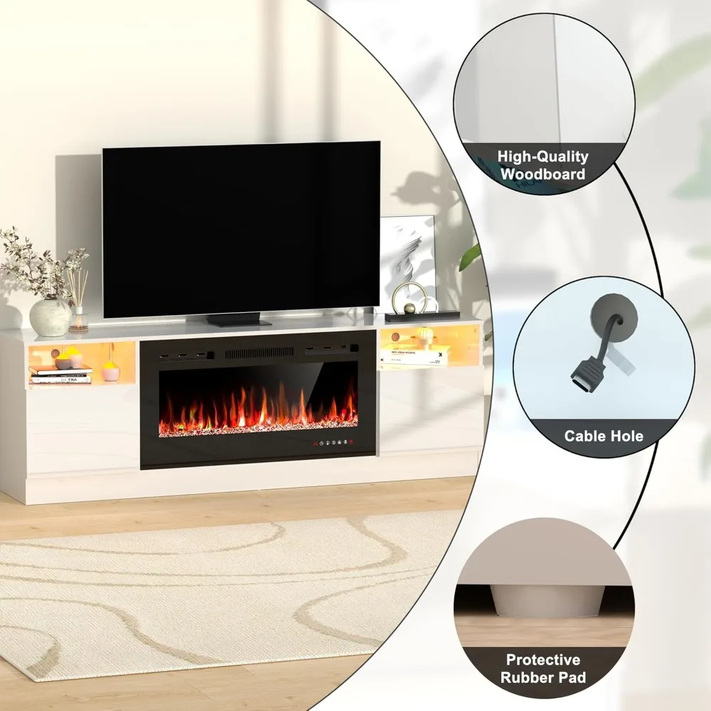 حامل مدفأة تلفزيون مقاس 80 بوصة مع ضوء LED وخزائن تخزين من شركة Media TV Co