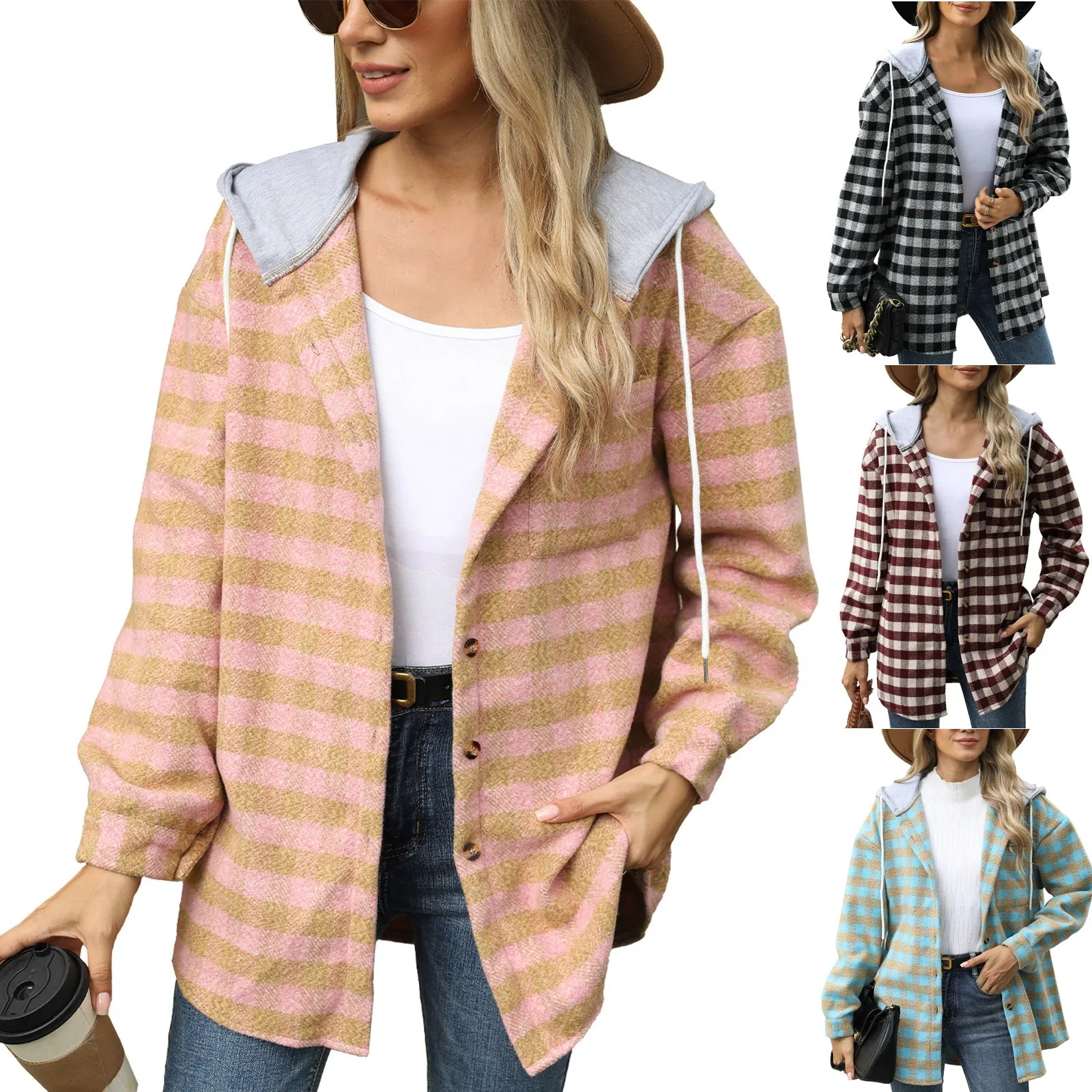 Harajuku Vintage Plaid Shirts Casual Long Sleeve Blouses Female Korean Oversize Top Patchwork Hooded Woolen Coat