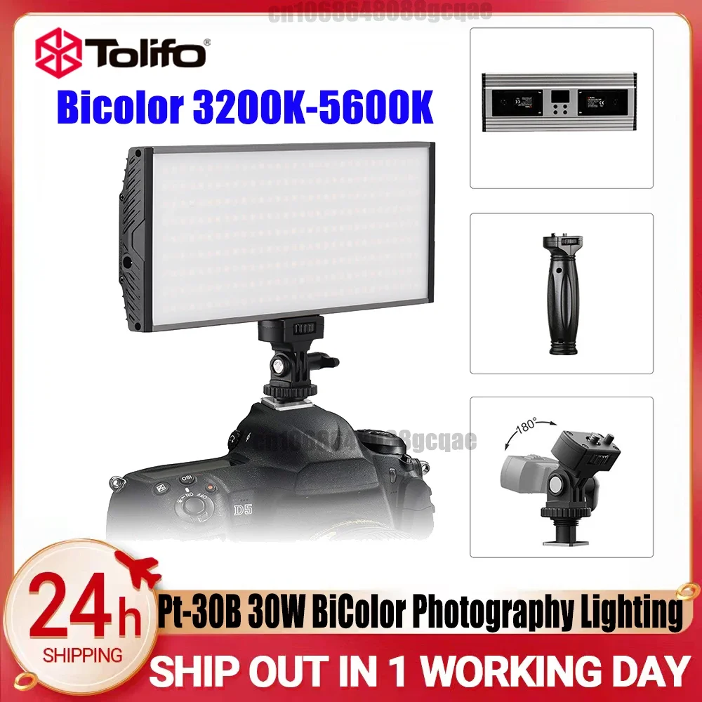 Tolifo Pt-30B LED Video Light Bi-Color 3200-5600K Portable Photography Panel Lamp with Display Hotshoe Mounted for DSLR Camera