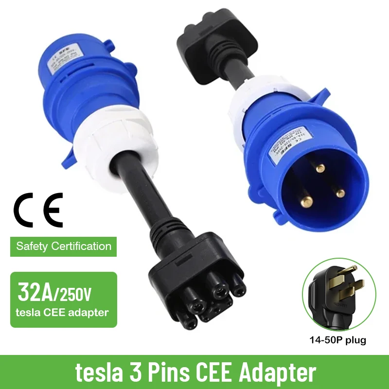 HQ Tesla Model Y 3Pins CEE Adapter Gen 2 Ev Charger Extension Cord Connector 250V Outlet 32A Electric car Chargers Adapter Tesla