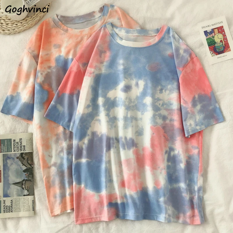 Short Sleeve T-shirts Women Tie-dye O-neck Chic Hot Sale Unisex Tees Teens Schoolgirls Harajuku High Street Ulzzang Tops Summer