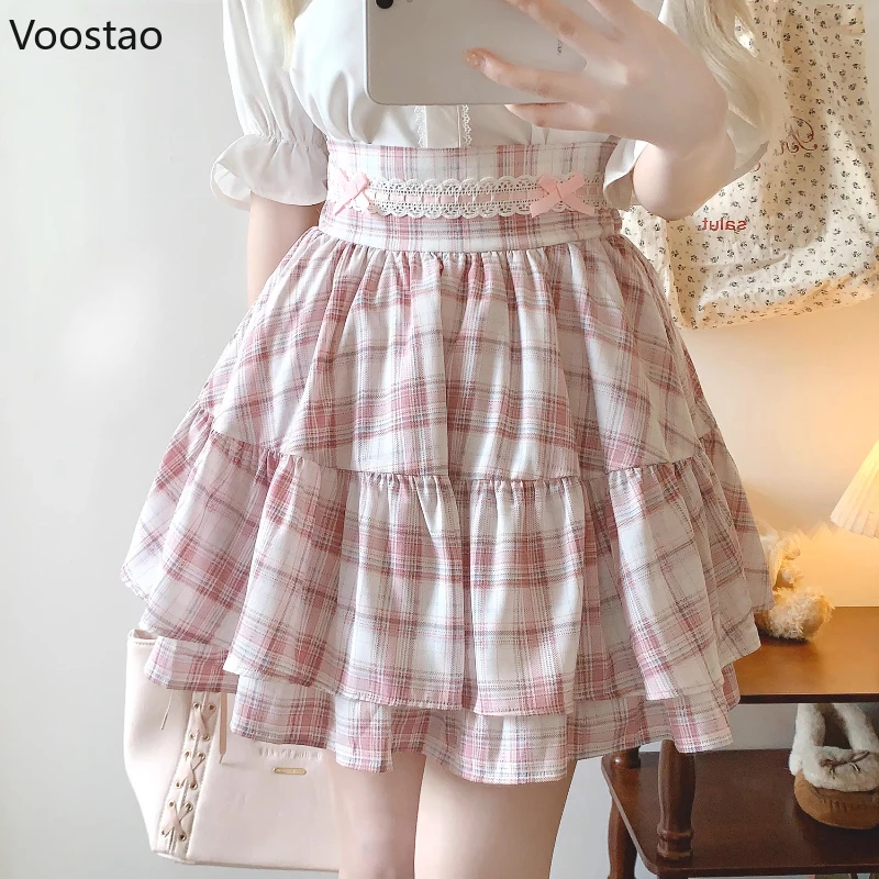 Japanse Zoete Lolita Stijl Mini Rok Vrouwen Kawaii Leuke Kant Strik Geruite Rok Vrouwelijke Zomer Mode Y2k A-lijn Taart Rok