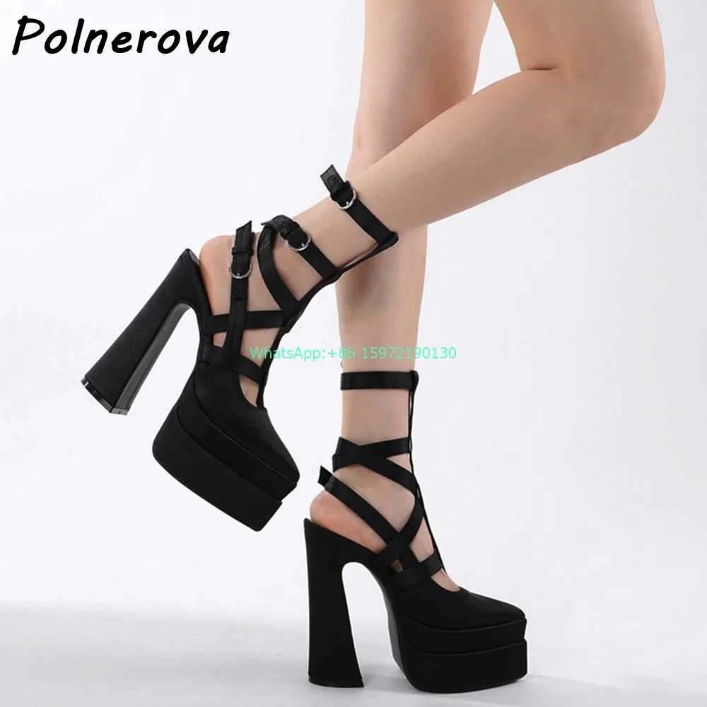 Narrow Band Platform Sandals Pointy Toe Chunky Heels Buckle Strap Hollow Shoes Ladies Black Pink Sexy Runway Stiletto Shoes