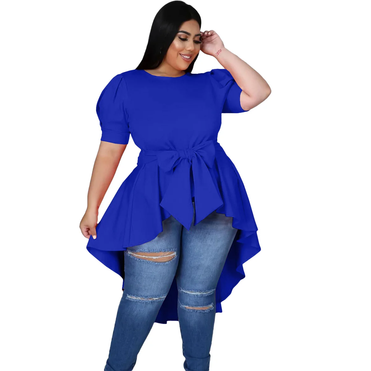 Women\'s Plus Size Dresses Fashion Bow Irregular Dress Elegant Solid Color Large Size Female Short Sleeve T-shirt Casual Commuter