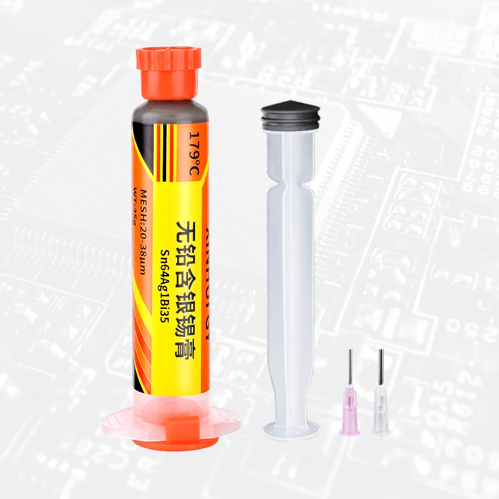 179°C Eutectic Sn64Ag1Bi35 Lead-Free Syringe Solder Paste | Mid-Temp Silver-Bismuth Alloy for Precision BGA/SMT