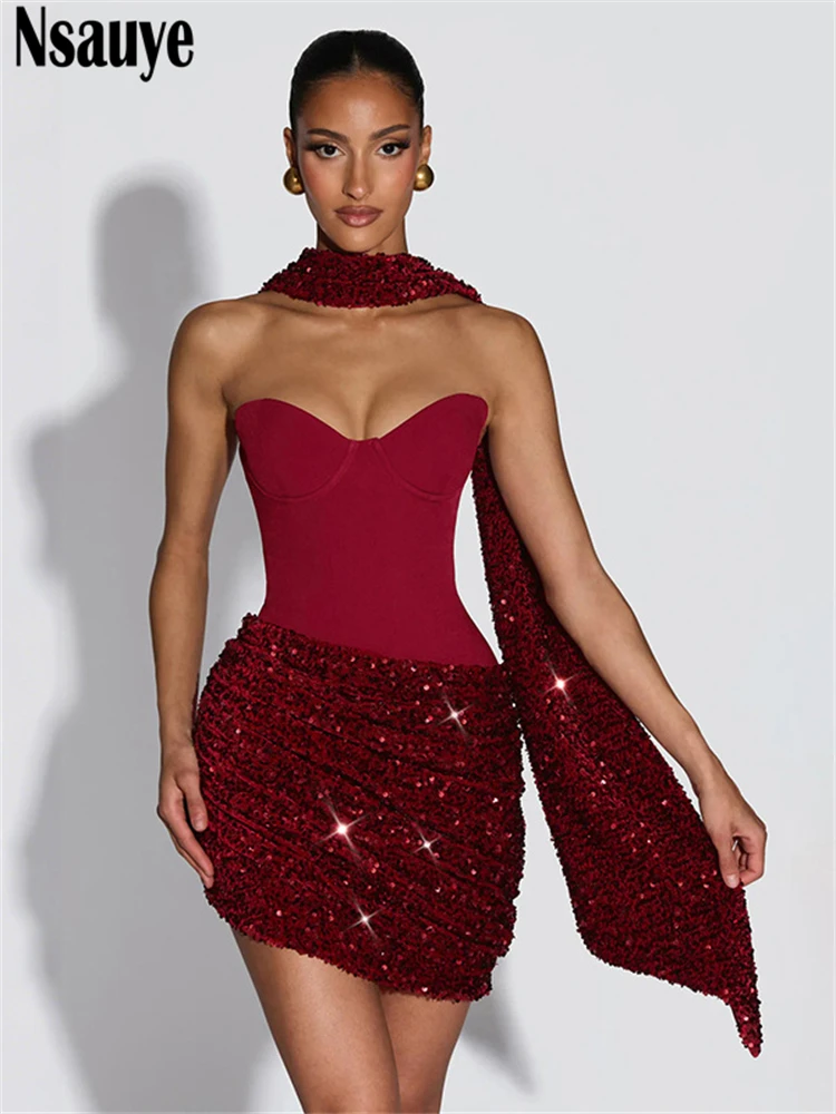 Nsauye Neue Mode Elegante Dünne Halter Liebsten Rohr Korsett Kleid Frauen 2025, Kurze Abend Sexy Party Nacht Club Kleid Winter