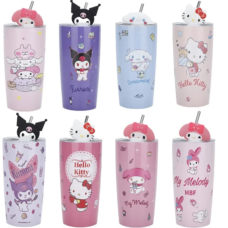 

600ML Sanrio Cartoon Hello Kitty My Melody Kuromi Cinnamoroll Stainless Steel Straw Cup Student Cute Portable Coffee Cup Gifts