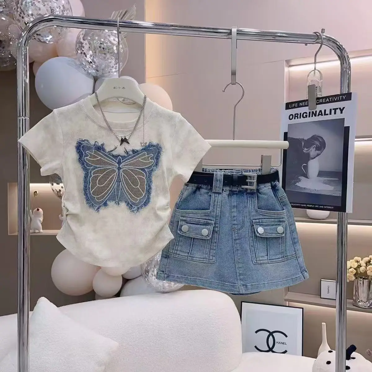 Girls' Summer Set Children's Fashion Bow Short Sleeved T-shirt Cowboy Skirt 2-piece Set 5-14Years