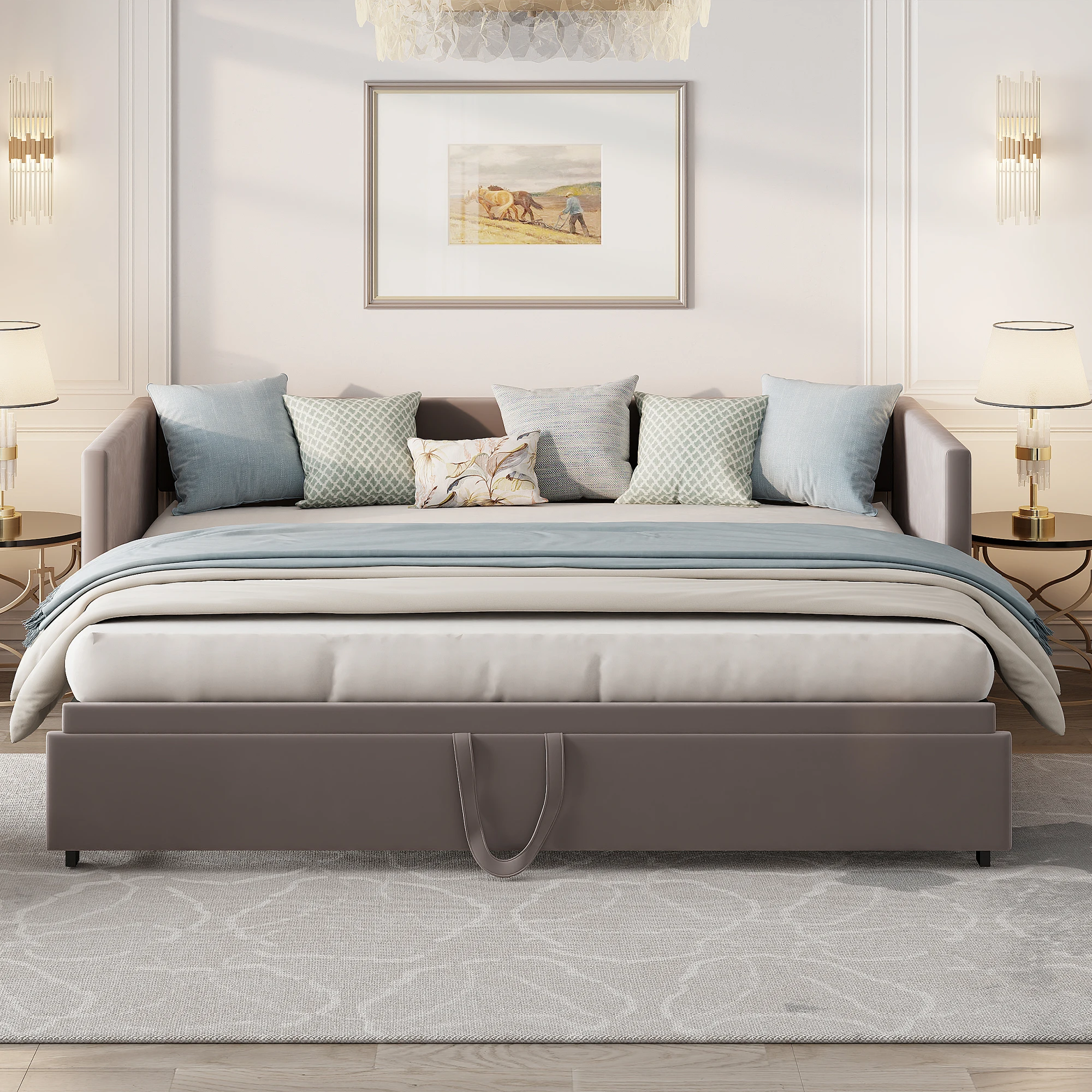 Rosahqnda 2in1 Gestoffeerd bed Gestoffeerde bank met lattenbodem, multifunctioneel huidvriendelijk fluwelen stoffen bed zonder matras