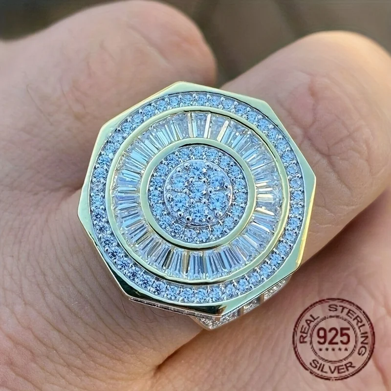 

Мужское кольцо из стерлингового серебра 925 пробы с восьмиугольником в стиле хип-хоп, большой тяжелый ледяной багет, позолоченное кольцо на палец 18 карат, ювелирные изделия в стиле рэпер