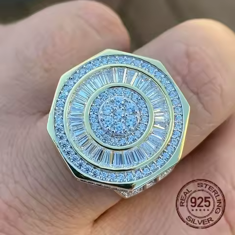 Mens 925 Sterling Silver Octagon Hip Hop Ring Big Heavy Iced Baguette 18K Gold Plated Finger Ring Rapper Jewelry