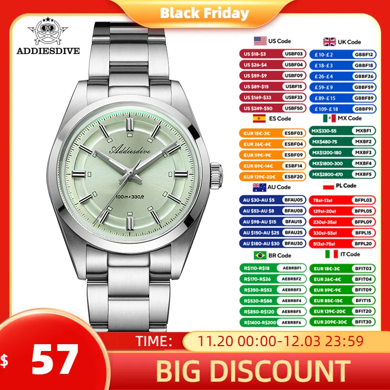 

ADDIESDIVE часы для мужчин 36 мм кварцевые AD2515 BGW9 светящиеся 100 м водонепроницаемые наручные часы из нержавеющей стали 316L VH31 Новинка 2025 года