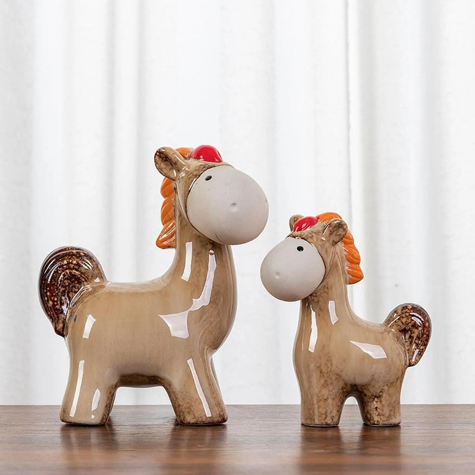 Set of 2 Ceramic Horse Statues Cute Shelf Decoration for Home Accent Piece