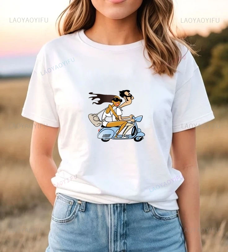 Enjoy Yourself - Fashionably Romantic Motorcycle Couple Pattern Printed T-shirt, Made of Cotton for A Comfortable Couple Outfit