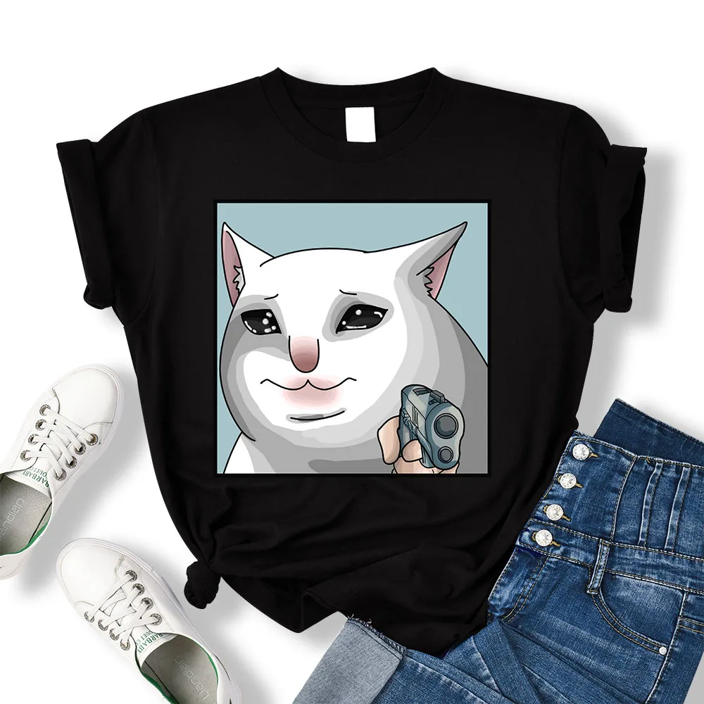 Cartoons Sad Lovelorn Cat With Gun Prints Tee Tops Women Oversized Summer Clothing Harajuku T-Shirt Multicolor Casual T Shirts