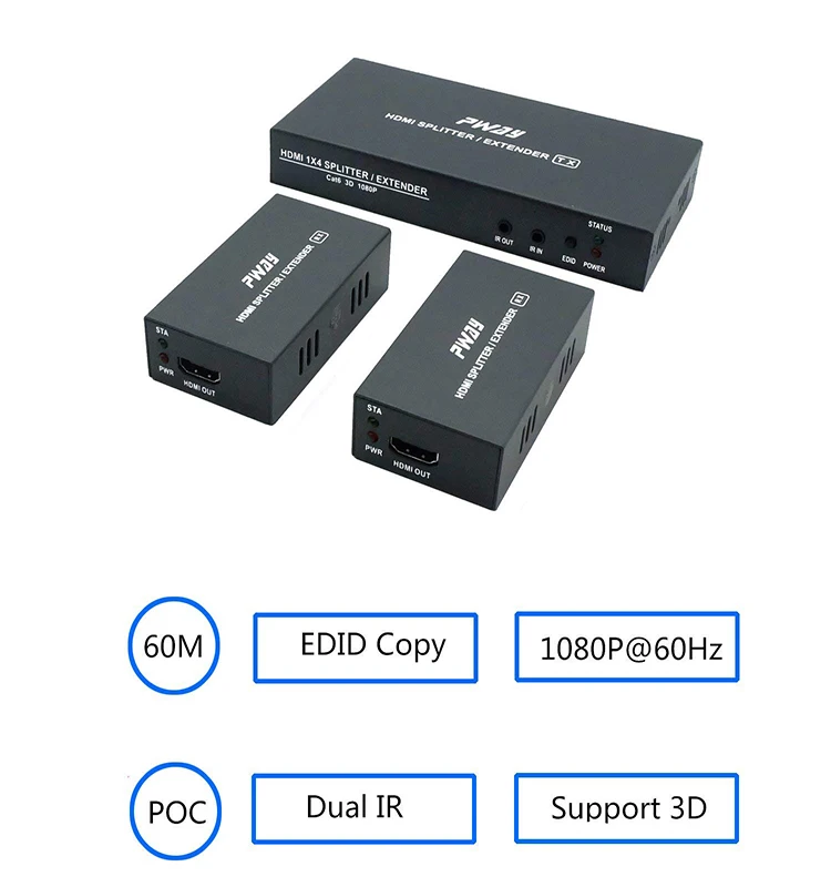 PWAY 1x2 HDMI Splitter Extender 60m Over IP UTP RJ45 Cat 35M Cat5e 50M Cat6  60MCable Support HD 1080P Uncompressed Transmission