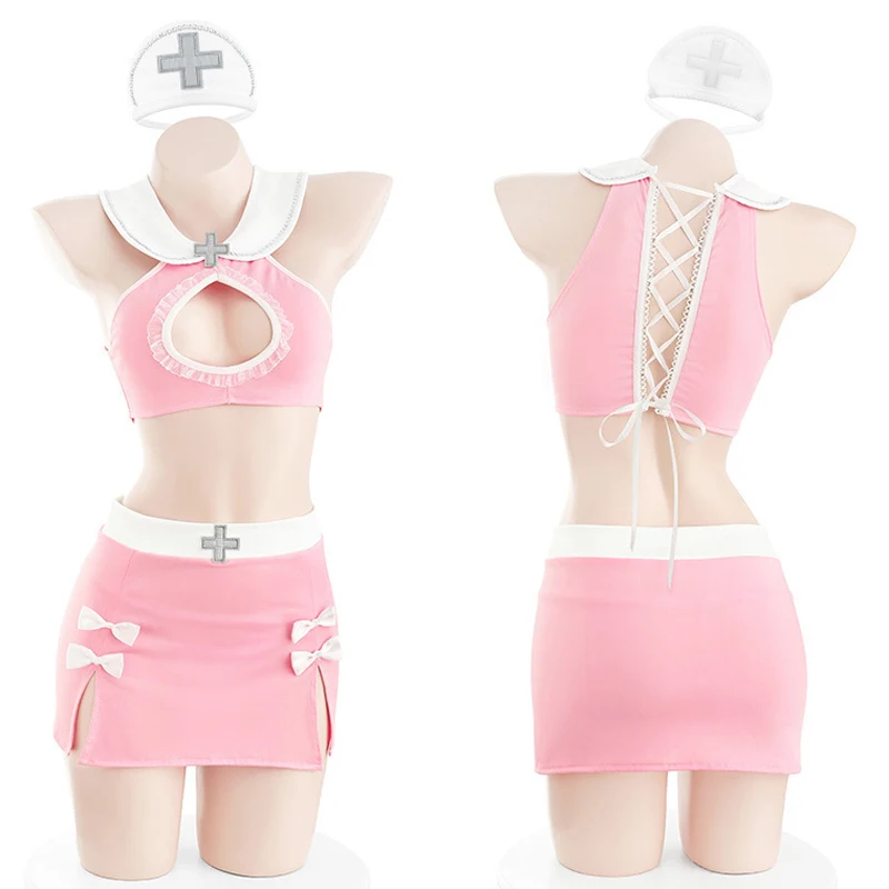 Uniforme de enfermeira com arco oco para mulheres, roupas anime, fantasias cosplay, doce menina, rosa, fofo