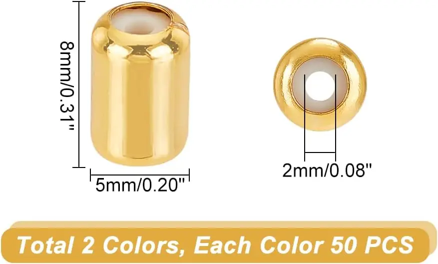 100pcs Brass Stopper Beads 2Colors Colunm Positioning Spacer Beads Adjustable Slider Bead Rubber Bead for Jewelry Making