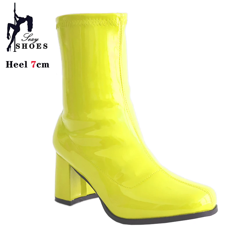 Voesnees Neue 7 cm hochhackige Cross-Dressing-Schuhe Gogo-Stiefel 60er 70er Jahre Stiefeletten mit quadratischem Absatz Sexy runde Zehen-Leder-Reißverschluss-Damen-Kurzstiefel 5