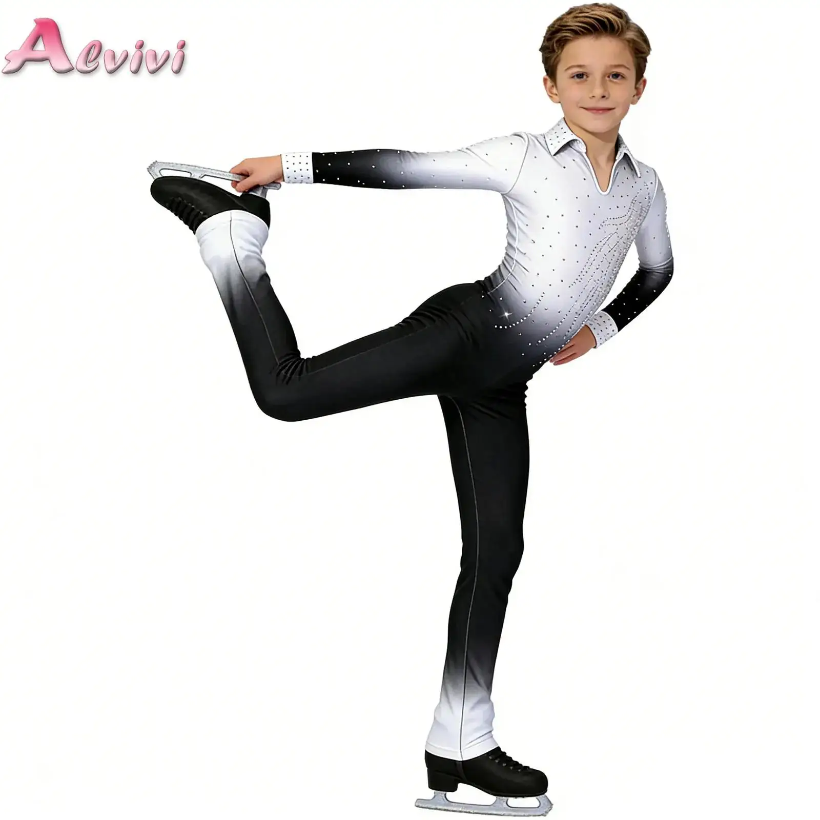 Sparkly Rhinestones Gradient Long Pants Full Body Leotard for Kids Boys Figure Skating Dance Jumpsuit Stage Performance Clothes