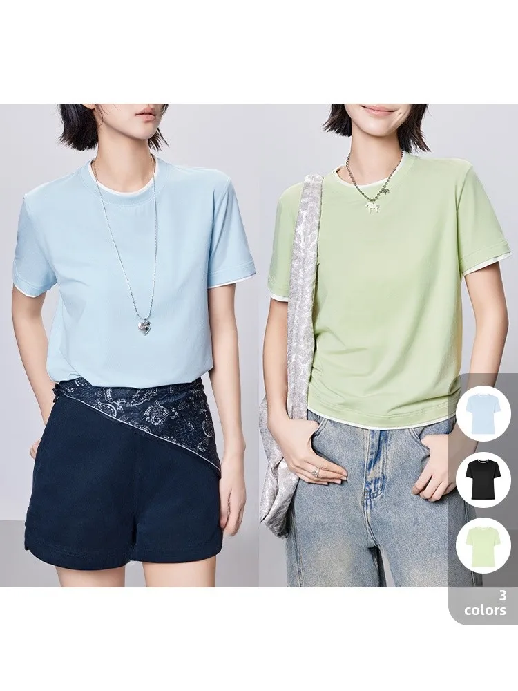 

MeiYang High Brightn Modal round Ne ort Sve T-irt Casual Loose Fit Summer Top Classic Pattern Splice Color Design