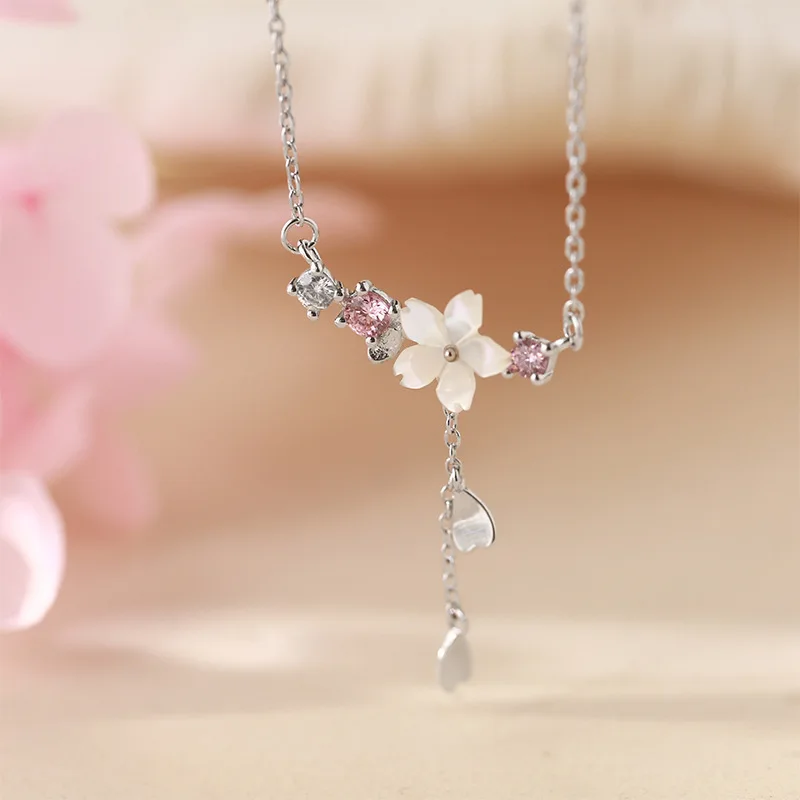 Sweet Cherry Blossom Pink Zircon Necklace 925 Heart Shaped Tassel Earrings Birthday