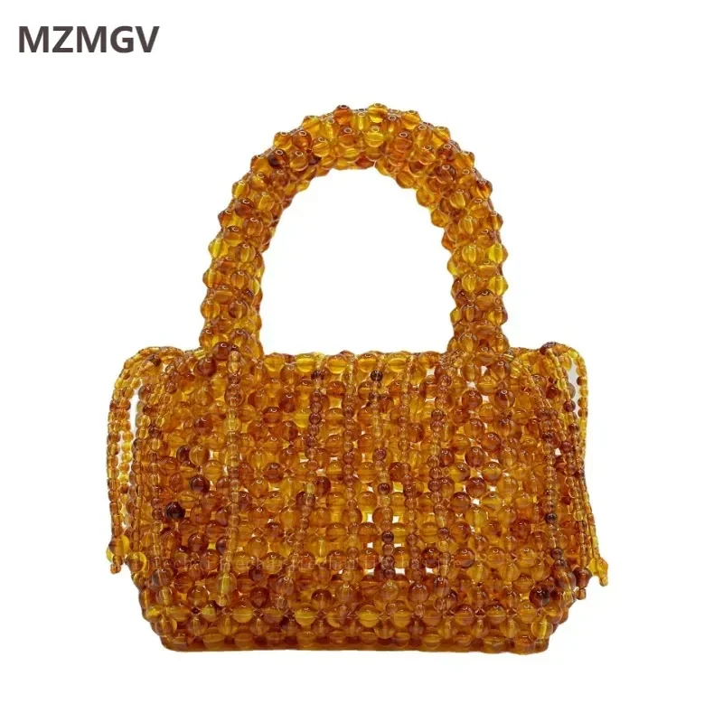 

2025 Fashion Handmade Amber Acrylic Beaded Handbag Hollowed Out Tassel Top-Handle Party Wedding Evening Bag Sac A Main Femme