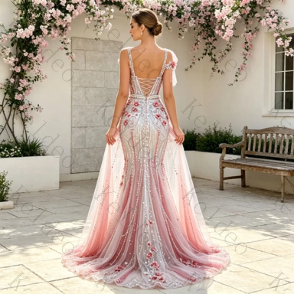 Customized Spaghetti Strap Mermaid Evening Gown Gradient Beaded 3D Floral Appliques Sweetheart Floor‑Length Formal Prom Party