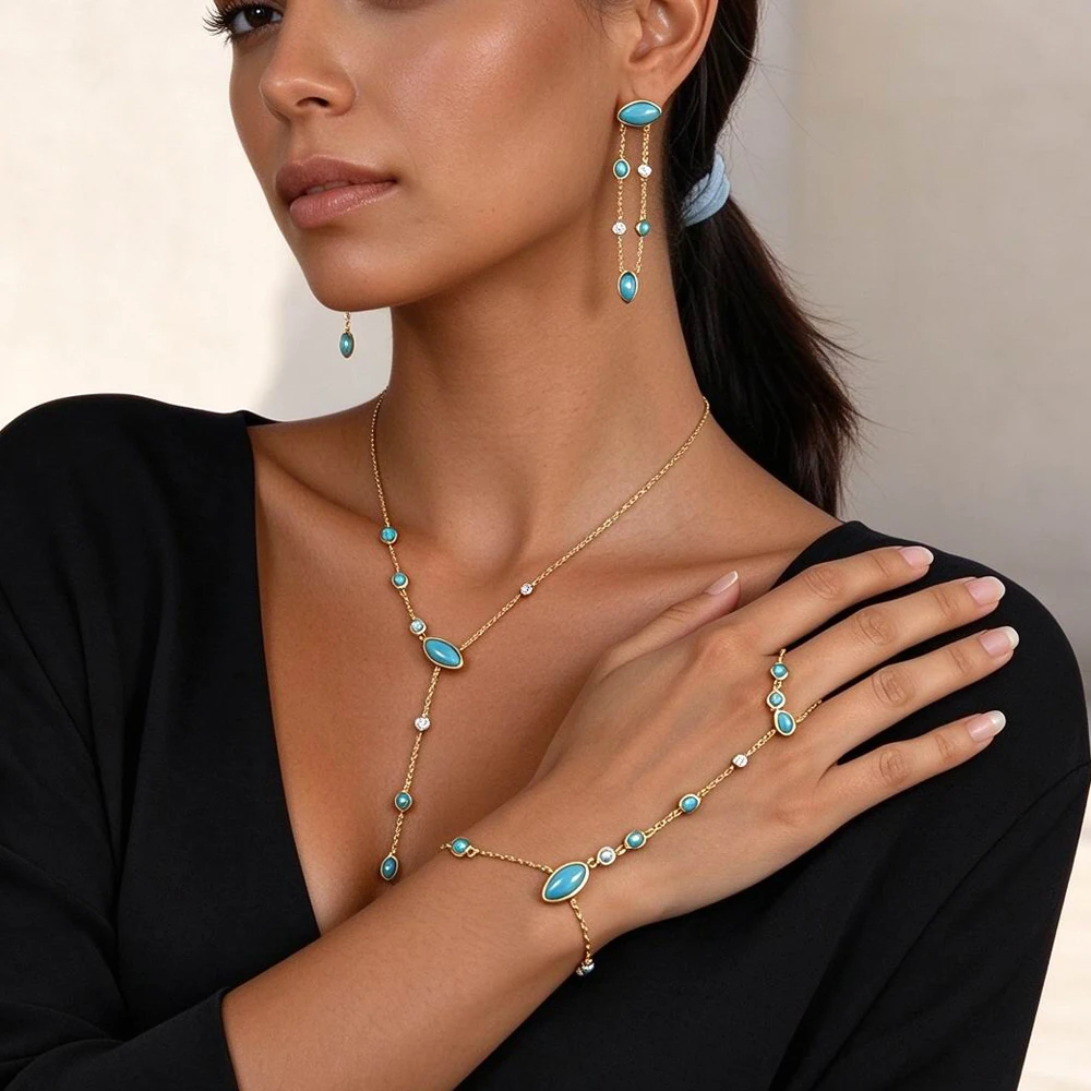 2026 New High Quality Micro Pave Bling CZ Bezel Set Blue Turquoise Bead Charm Pendant Sexy Women Y Lariat Long Chain Necklace