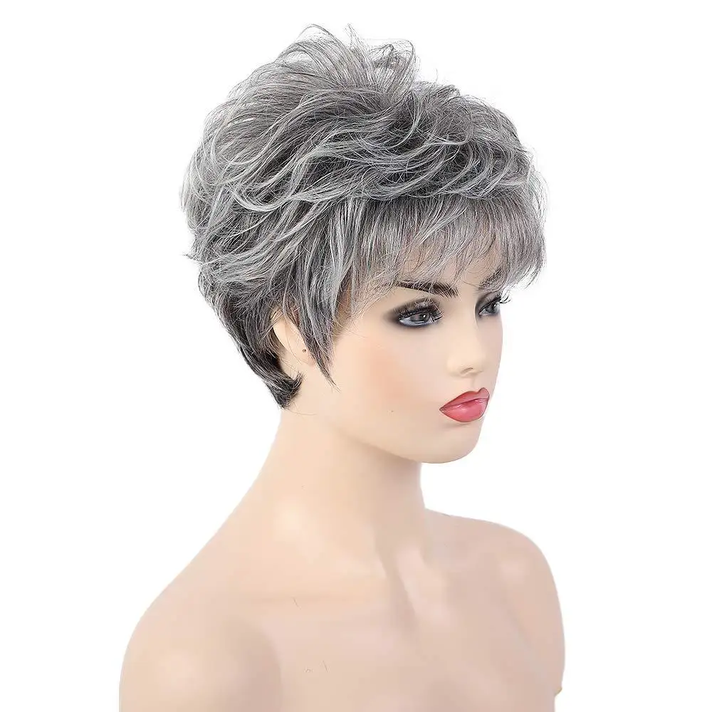 Wig for Women Synthetic Short Wig with Bangs Mixed Gray Hair High Temperature Fiber Heat Resistant Hair Daily Use Wigs