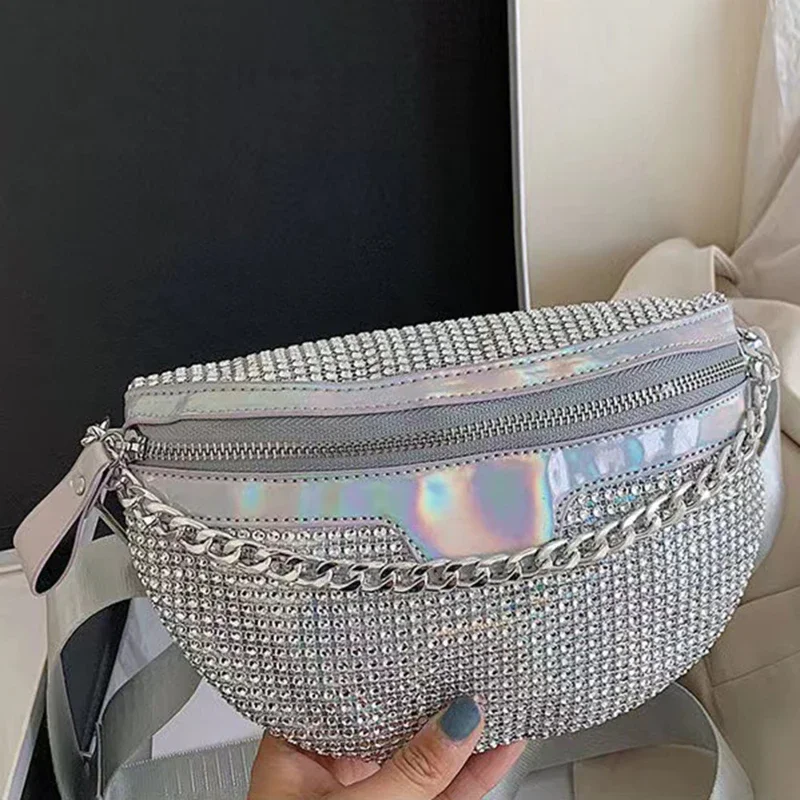 Fashion Women Waist Packs Punk Bum Glitter Fanny Pack Travel Crossbody Chest Phone Pouch Hip Belt Bag Rhinestone Waist Bag