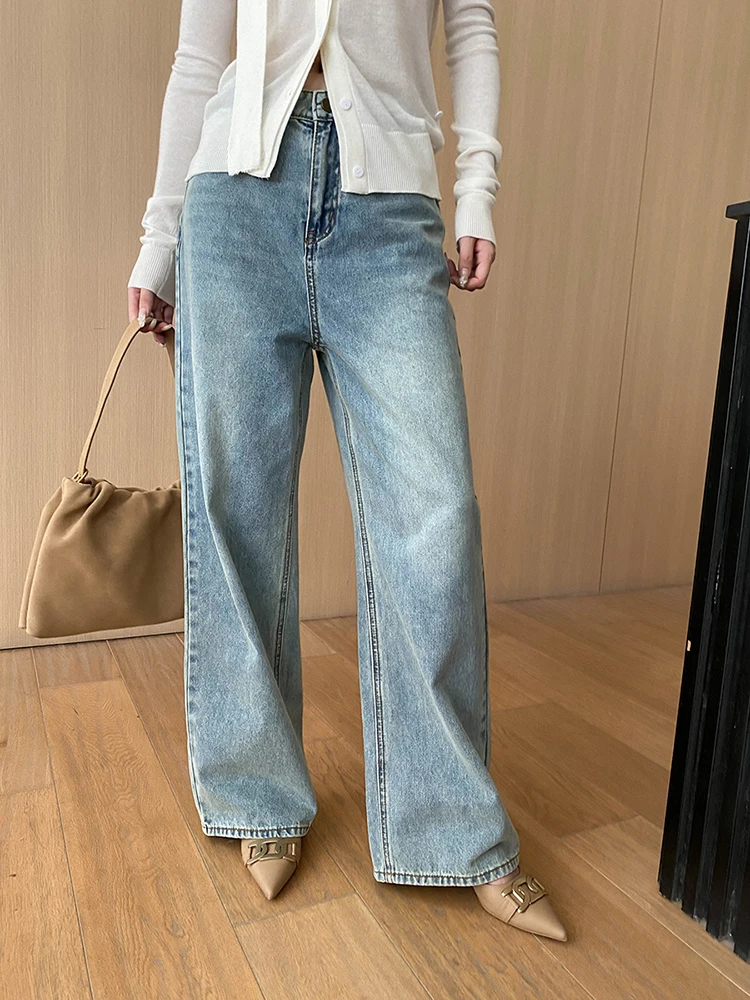 [LANMREM] High Waist Washed Jeans For Women Straight Wide Leg Denim Pants Office Lady Trousers 2024 Autumn New Clothing 26C167