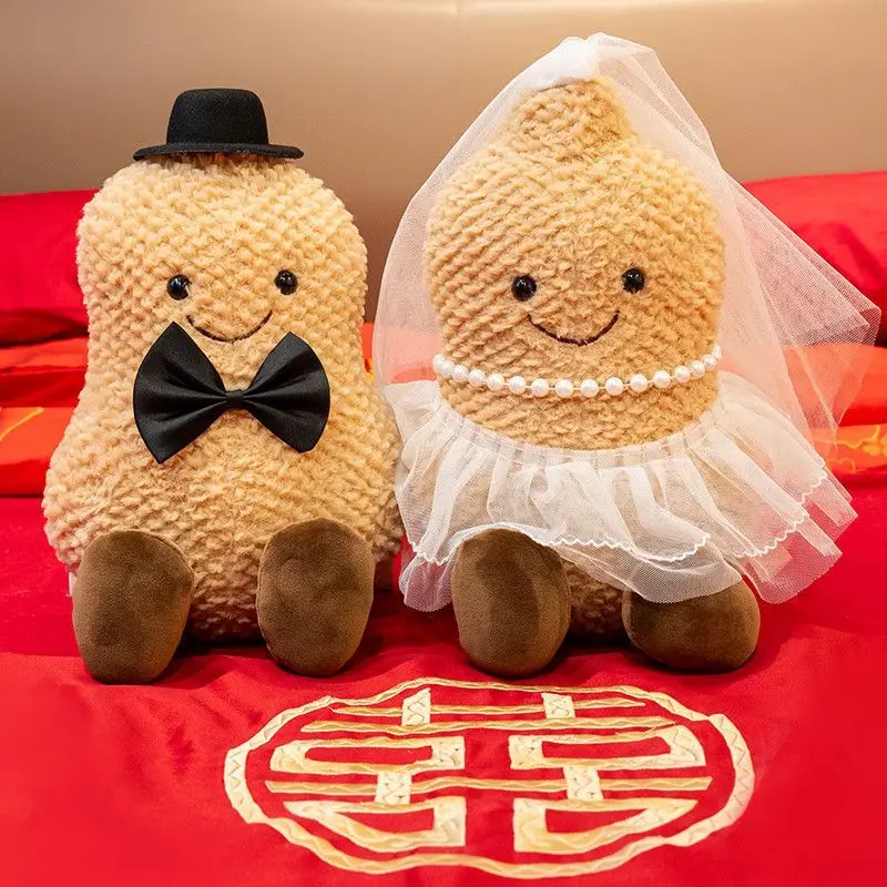 Cute Squishy Wedding Pair Peanut Toys Bride White Veil Lace Skirt and Groom Bowknot Doll Stuffed Animal Romantic Wedding Gift