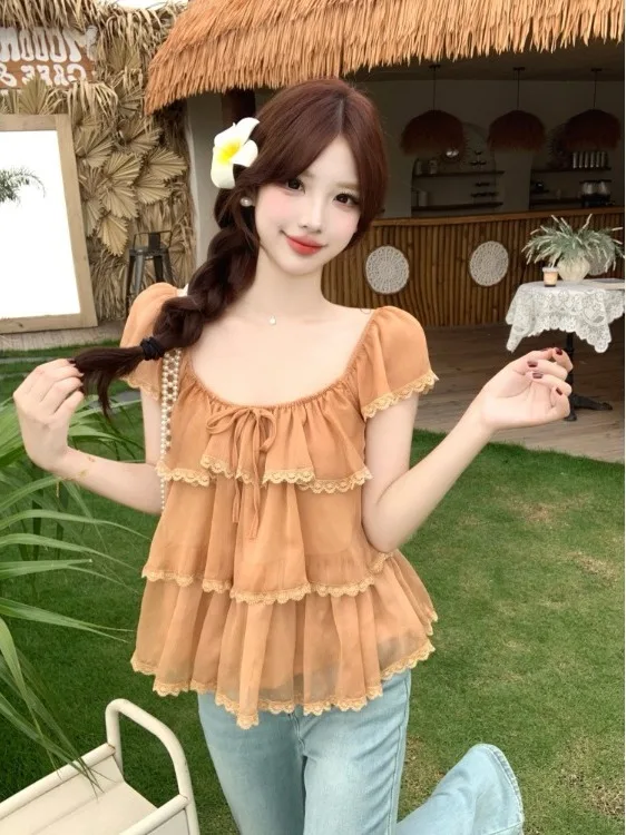 

plus Size Women's Lace Trim Fly Sleeve Shirt U Neck Summer New Style Bellflower Anti Aging Top Korean Style Loose Fit