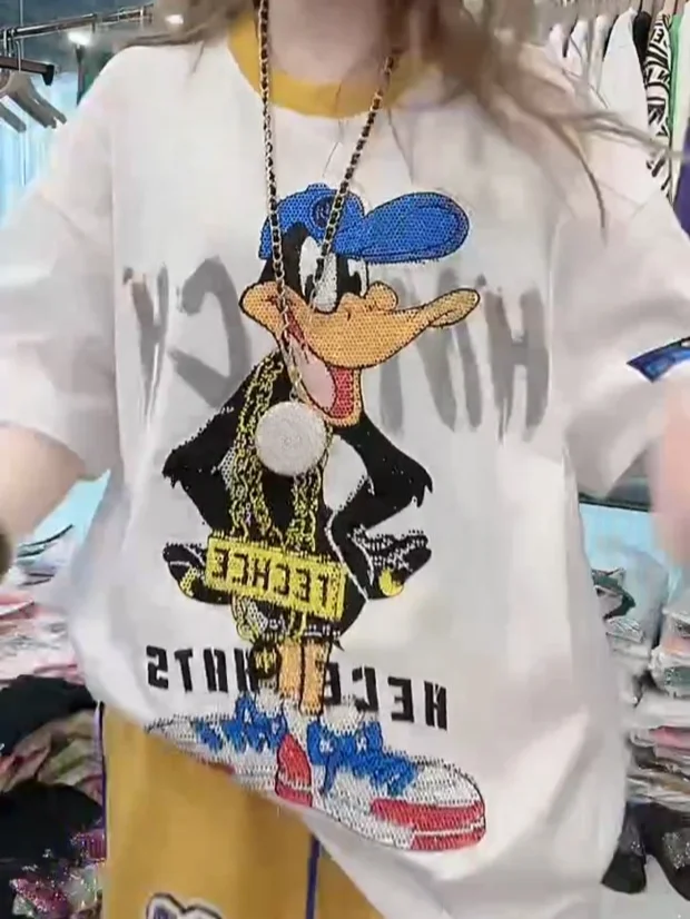 Short Sleeve Suit Heavy Industry Cartoon Rhinestone Graffiti Printing T-shirt and Sweatpants Casual Sports Two-Piece Set Women