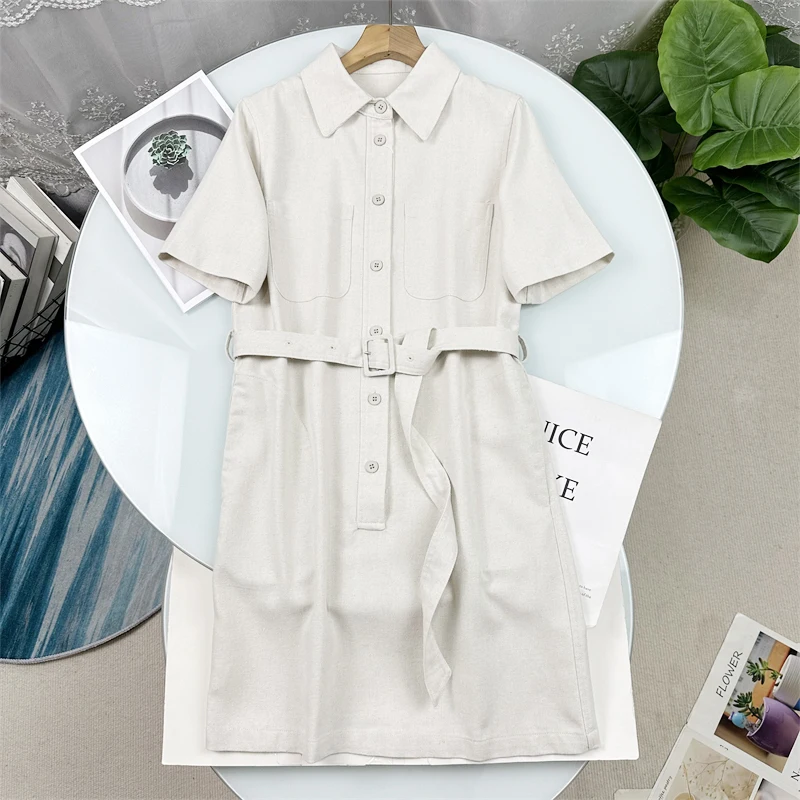 

Elegant Knee-Length Short-Sleeve Linen Dress for Women Summer 2025 Simple Design Casual Comfortable Female Clothing