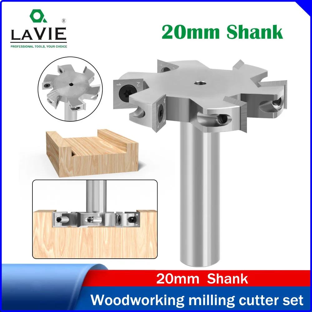 LAVIE 20mm Shank 6-Flute T-Slot Panel Cutter,Round Shank Grooving Bit,Tungsten Carbide Woodworking Router Bit,T-Tongue Milling