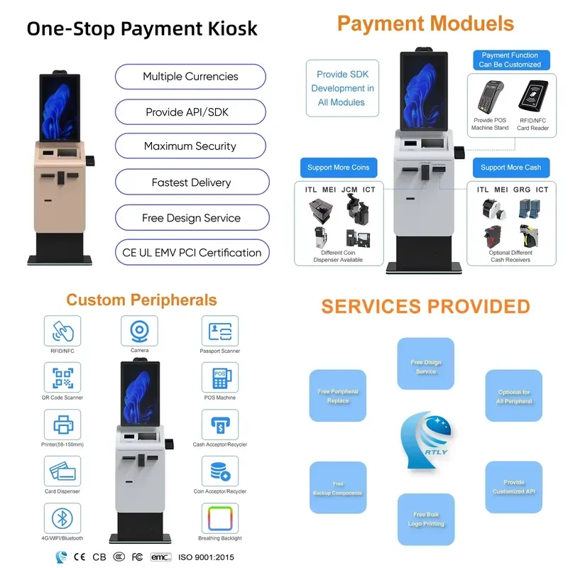 CECertificate Support Multiple Currencies Touch Screen Self Service Payment Kiosk Coin Bill Cash Recycler