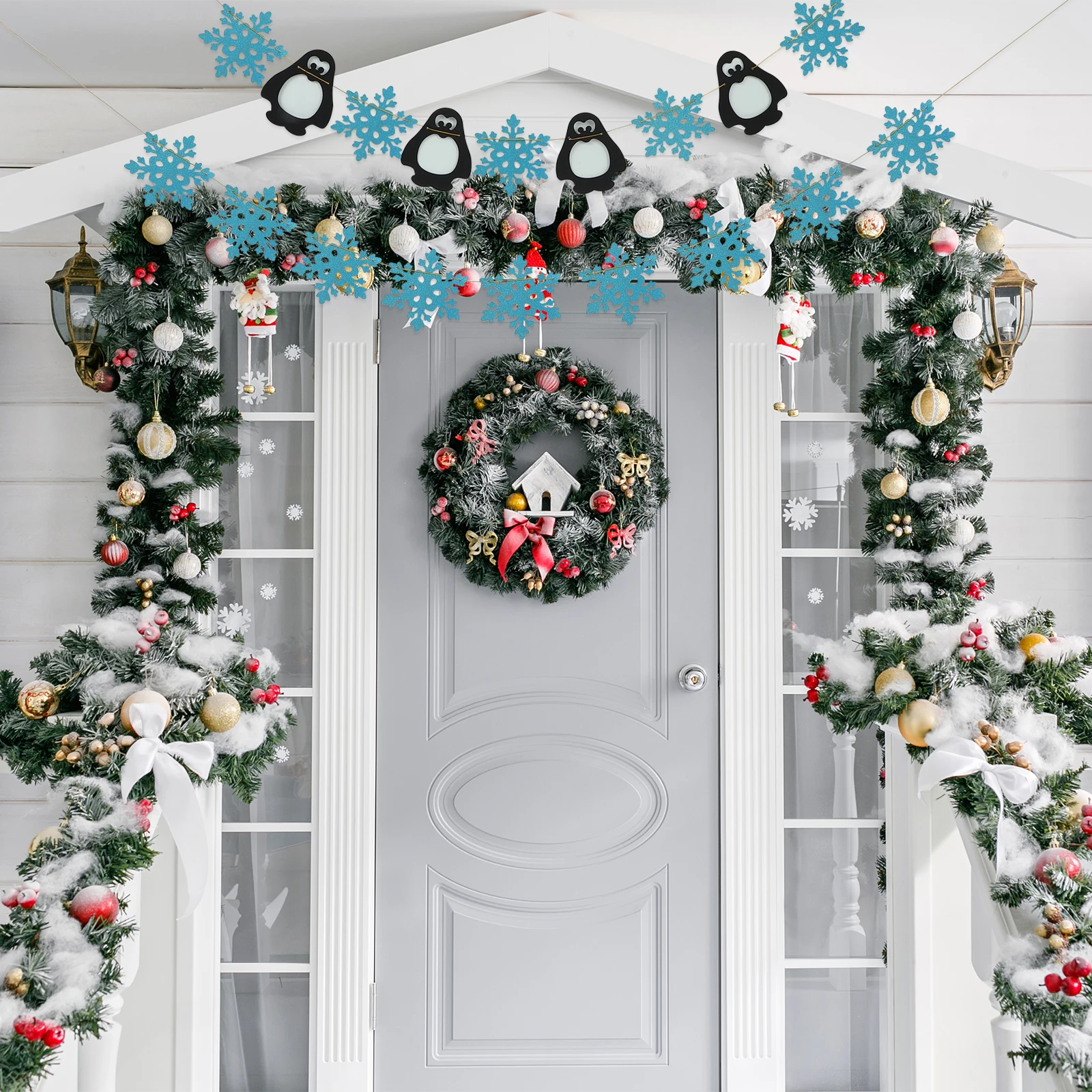 

2 Pcs Pendant Penguin Snowflakes Xmas Garland Christmas Wall Decoration Glitter Paper Winter Theme