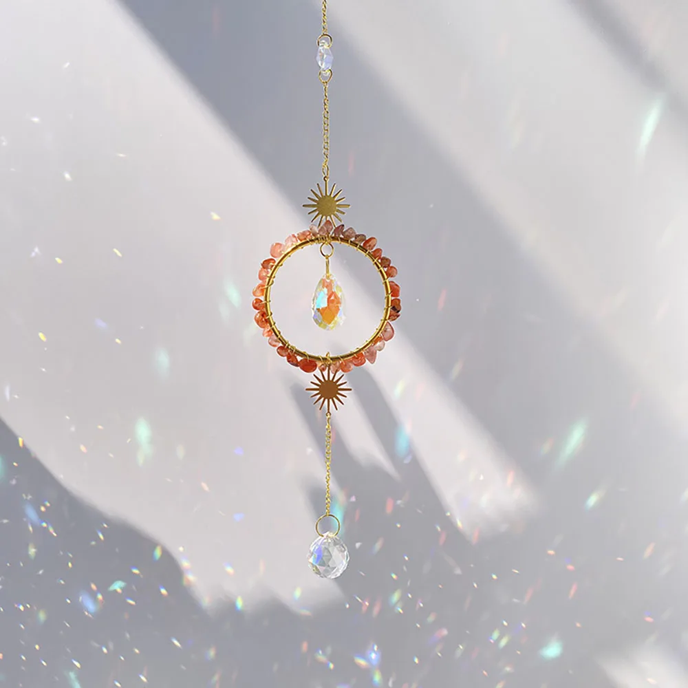 Custom Red Agate Chip Stone Ring Sun Catcher - Celestial Sun Prism Hanging Ornament for Home Window Decor
