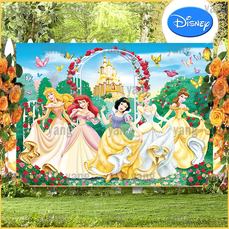 

Disney Cinderella Belle Snow White Aurora Ariel Princess Happy Birthday Party Rose Garden Castle Backdrop Backgrounds Decoration