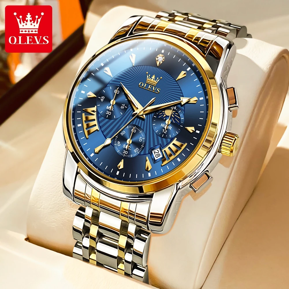 

OLEVS Chronograph Mens Watches Top Brand Luxury Clock Casual Sport Stainless Steel Waterproof 24Hour Moon Phase Quartz Watch Men