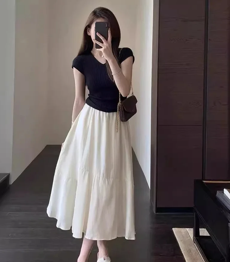 2024 New Heavy Duty Acetate Tencel Flax Elegant Texture White Skirt High Waist A-line Half Body Skirt for Women