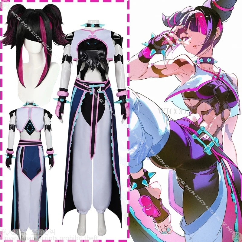 Anime Owww Crossover Street Cos Fighte Cosplay Hann Juri Costume Sexy Lingerie Hot Pink Blue Battle Uniform Y2K Wigs Halloween