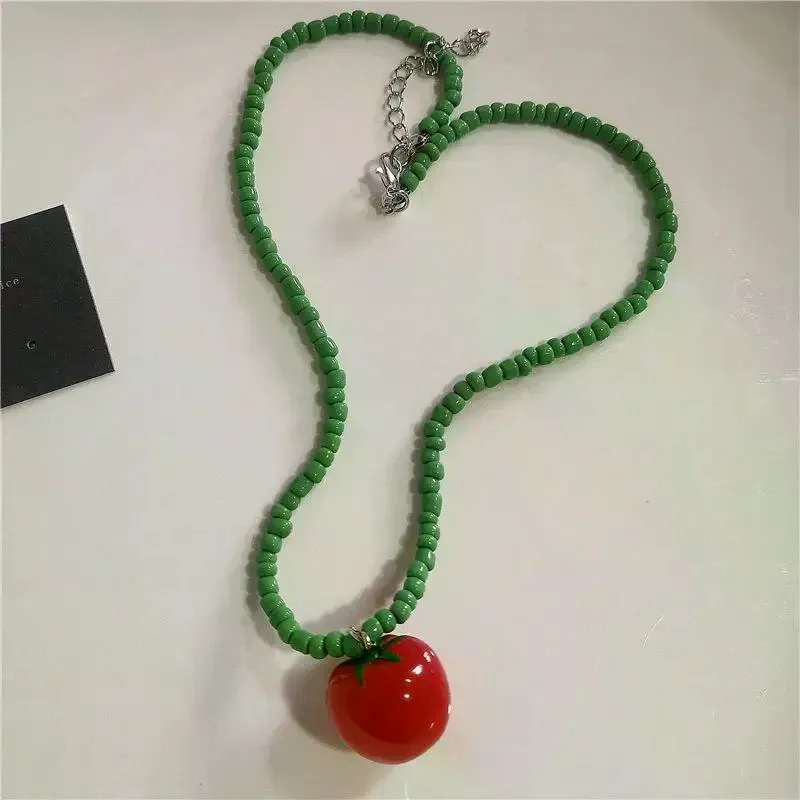 Candy Color Heart Pendant Blue Green Glass Beaded Contrast Design Necklace Girl Summer Fashion Female Jewelry Accessories