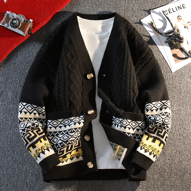 High Quality Man Long Sleeves Knitwear Color Blocking V-Neck Autumn New Korean-Style Pullover Fashion Leisure Hot Men's Clothing