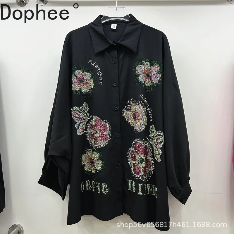 

Streetwear Flowers Hot Drilling Women Blouses 2025 New Autumn All-match Loose Cardigans Top Single-breasted Long Sleeve Shirts