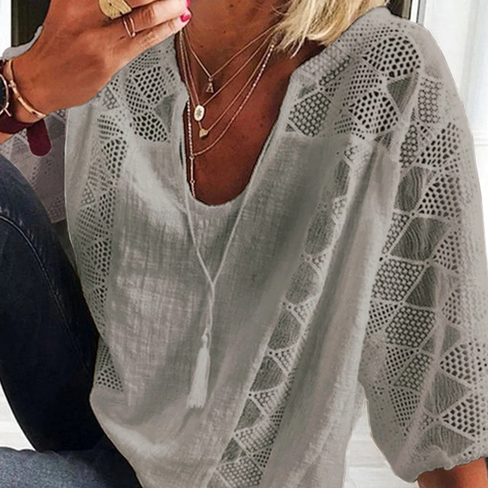 Women Fashion Lace U-neck Blouse Three Quarter Sleeve Summer Cotton And Linen Patchwork T-Shirt Casual Solid Color Ladies Tops